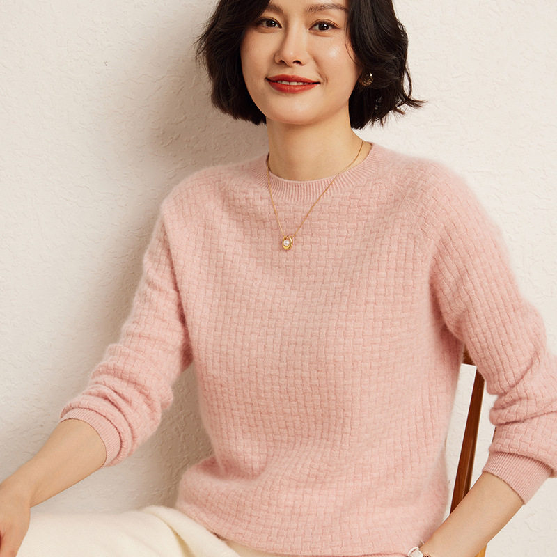 95%山羊绒2025春季女新款圆领纯色华夫格套头短款宽松针织衫毛衣
