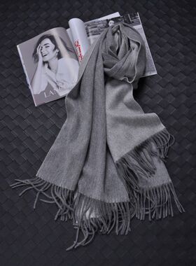 出口法国水波纹加厚纯羊绒双面灰色大披肩围巾女士秋冬保暖舒适