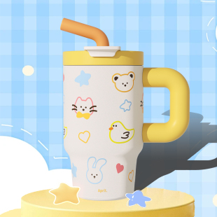 肆月大容量巨无霸冰霸杯带把手水杯不锈钢奶茶保温杯女生粗吸管杯