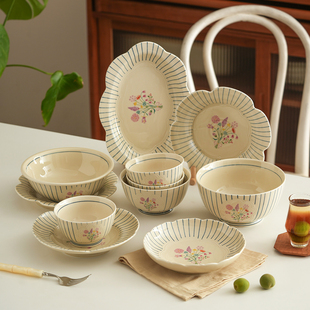 肆月法式复古碗盘碟餐具套装家用高颜值碗具乔迁新居结婚新婚礼物