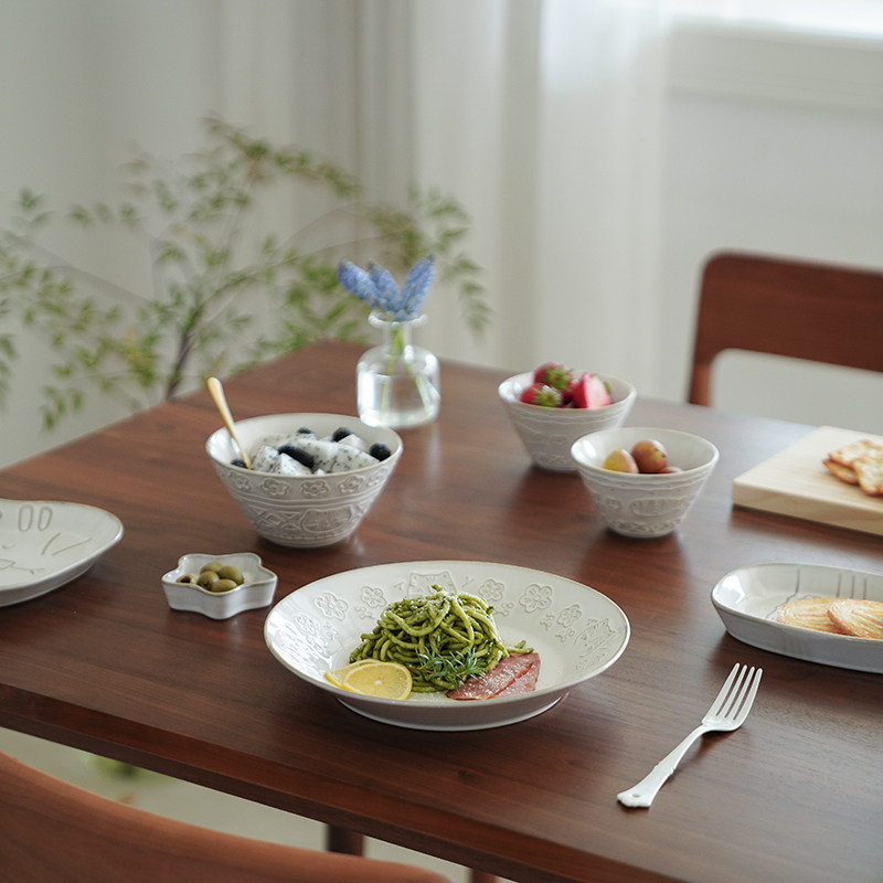 肆月意面盘陶瓷浮雕精致可爱盘子家用西餐盘甜品沙拉盘餐具饭碗盘,餐饮具,盘,淘宝优惠券,粉丝福利购,淘宝优惠卷
