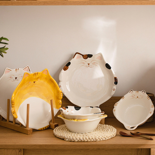 卡通早餐碗燕麦碗家用陶瓷喝汤儿童甜品碗 肆月可爱猫咪沙拉碗日式