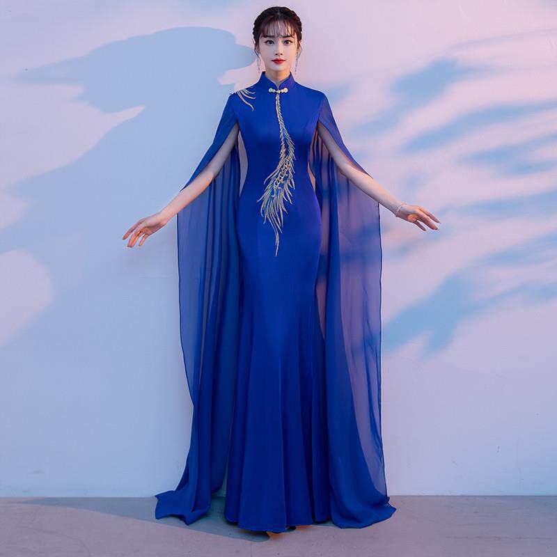 工厂价蓝色走秀旗袍礼服裙女鱼尾高端水袖古筝表演服装中国风舞台