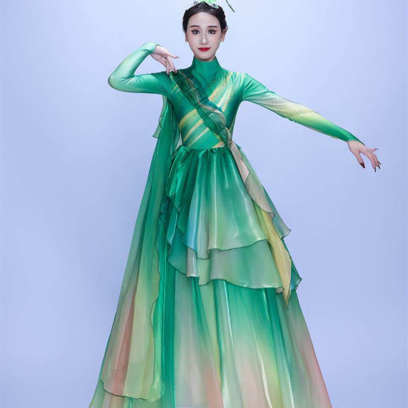 春晚舞台舞蹈服装现代歌伴舞蓬蓬裙绿色女大气开场舞大摆裙演出服