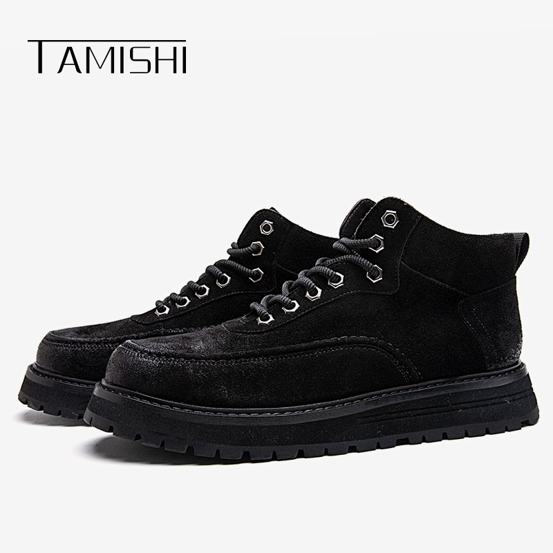 复古磨砂皮大头德比鞋男款增高百搭休闲皮鞋男鞋子高帮马丁靴黑色