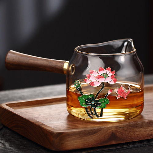 创典景泰蓝侧把公道杯纯手工高档耐热玻璃木把公杯分茶器功夫茶具