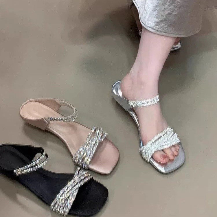 羊皮版水钻链条露趾凉鞋女夏外穿