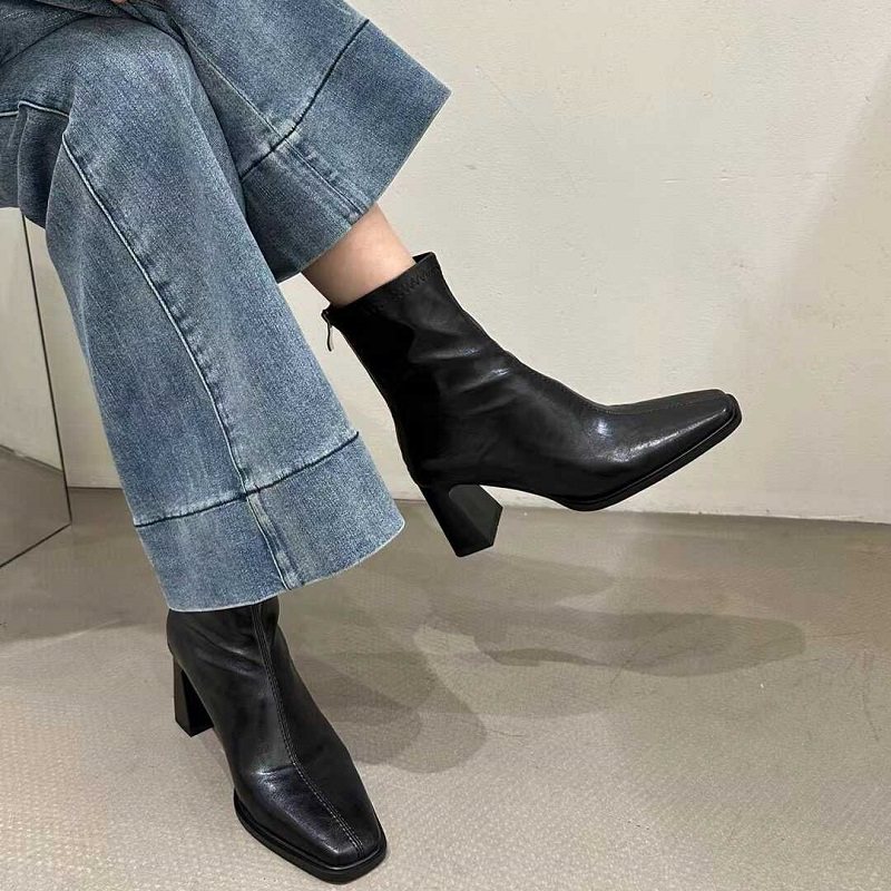 羊皮版高跟方头瘦瘦靴女韩版短靴