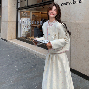 2025秋季文艺小香风彩点甜美流苏单排扣外套百褶半身裙毛呢两件套图片