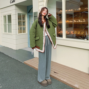 绿色灯芯绒拼接羽绒棉服女2025冬季新款小个子加厚保暖棉衣外套图片