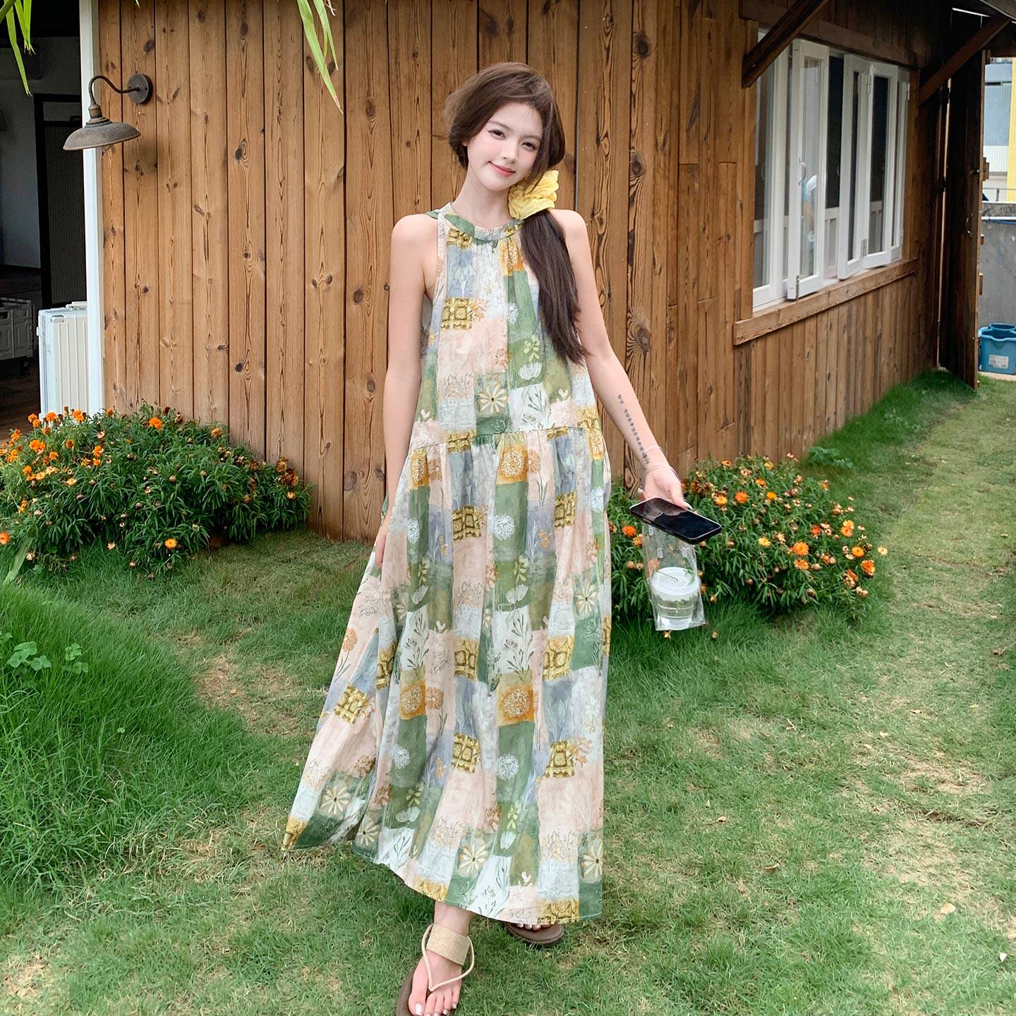 26年新款波西米亚全棉印花挂脖吊带连衣裙091A-2609p135k218，女装连衣裙，浙宝091A