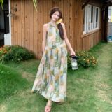 26年新款波西米亚全棉印花挂脖吊带连衣裙091A-2609p135k218，女装连衣裙，浙宝091A