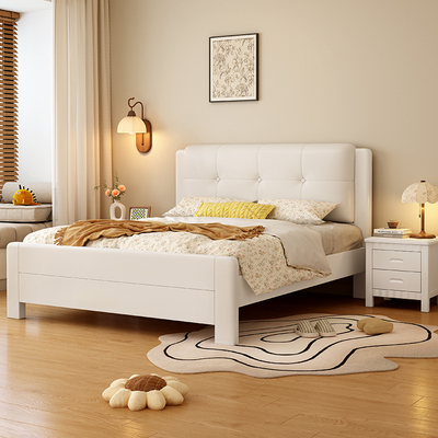 实木床白色软靠现代奶油风榫卯1.8米1.5米双人床1.2米1.35m单人床
