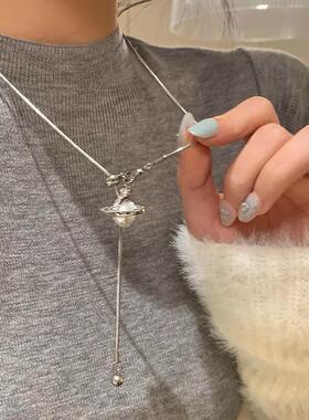 秋冬时髦珍珠星球吊坠流苏毛衣链女高级感独特长款可抽拉颈链项链