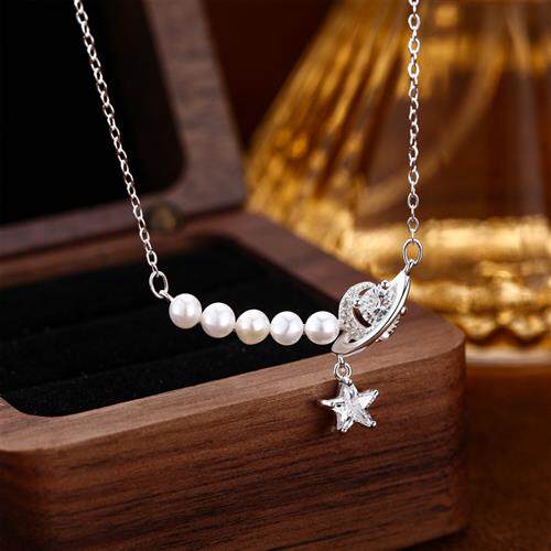 s999纯银足银淡水珍珠项链女星星日韩简约高级感百搭锁骨链吊坠