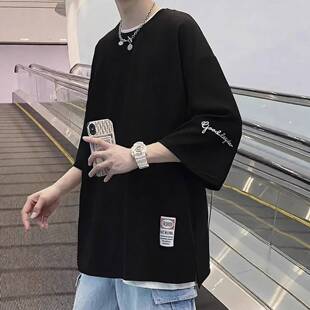 美式高街冰丝七分袖T恤ins潮流短袖男夏季学生宽松大码休闲上衣服