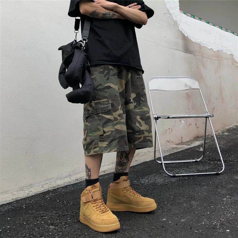 美式街头宽松迷彩阔腿裤工装短裤松紧腰休闲百搭过膝七分裤男女