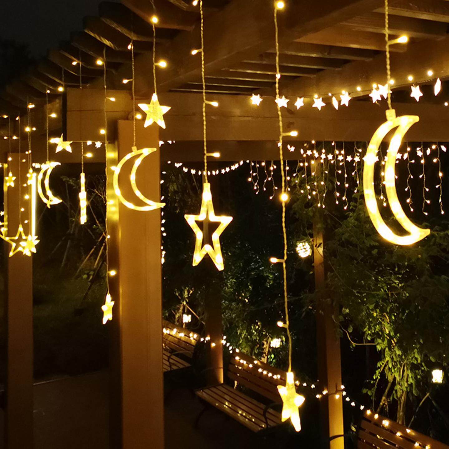 星星月亮窗帘灯氛围彩灯庭院花园阳台防水户外装饰太阳能灯串