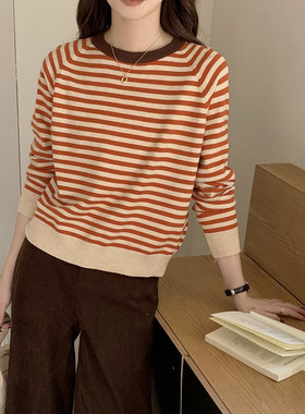 Botanique植物学“北欧色系”撞色领口美丽奴条纹毛衣女春秋慵懒