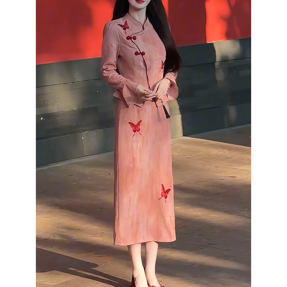 法式复古粉色新中式旗袍连衣裙女