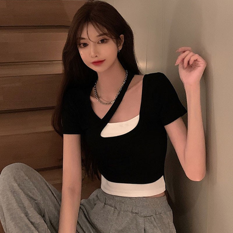 修身显瘦夏季假两件短袖t恤女