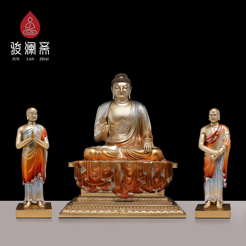 骏澜斋一佛二弟子释迦牟尼大型佛像寺庙供奉佛祖阿南迦叶全铜雕像