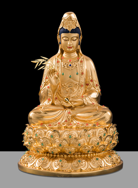 台湾铜雕彩绘金彩观音像娑婆三圣观音菩萨铜像供奉家用佛像摆件