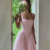 French Princess Style Plaid Fashion Waist Fresh Printed Dres