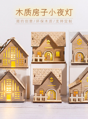 Christmas Wooden Luminous Cabin Ornaments Small House Home H