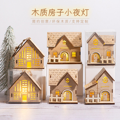 Christmas Wooden Luminous Cabin Ornaments Small House Home H
