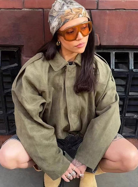 Women Fashion Aviator Suede Jacket Bat Sleeve Zip Casual Top