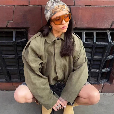 Women Fashion Aviator Suede Jacket Bat Sleeve Zip Casual Top