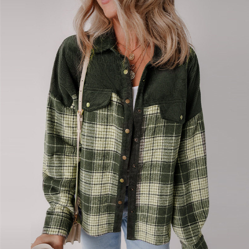 Plaid ntrast rduroy Jacket 2025 Long Sleeve Top For Women