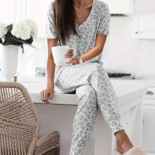 V-neck Leopard Print Short-sleeved Top Trousers Home Clothes