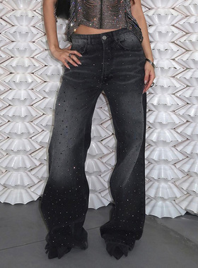 2025 Sreet Style Basic Washed Glitter lor Rhinestone Straigh