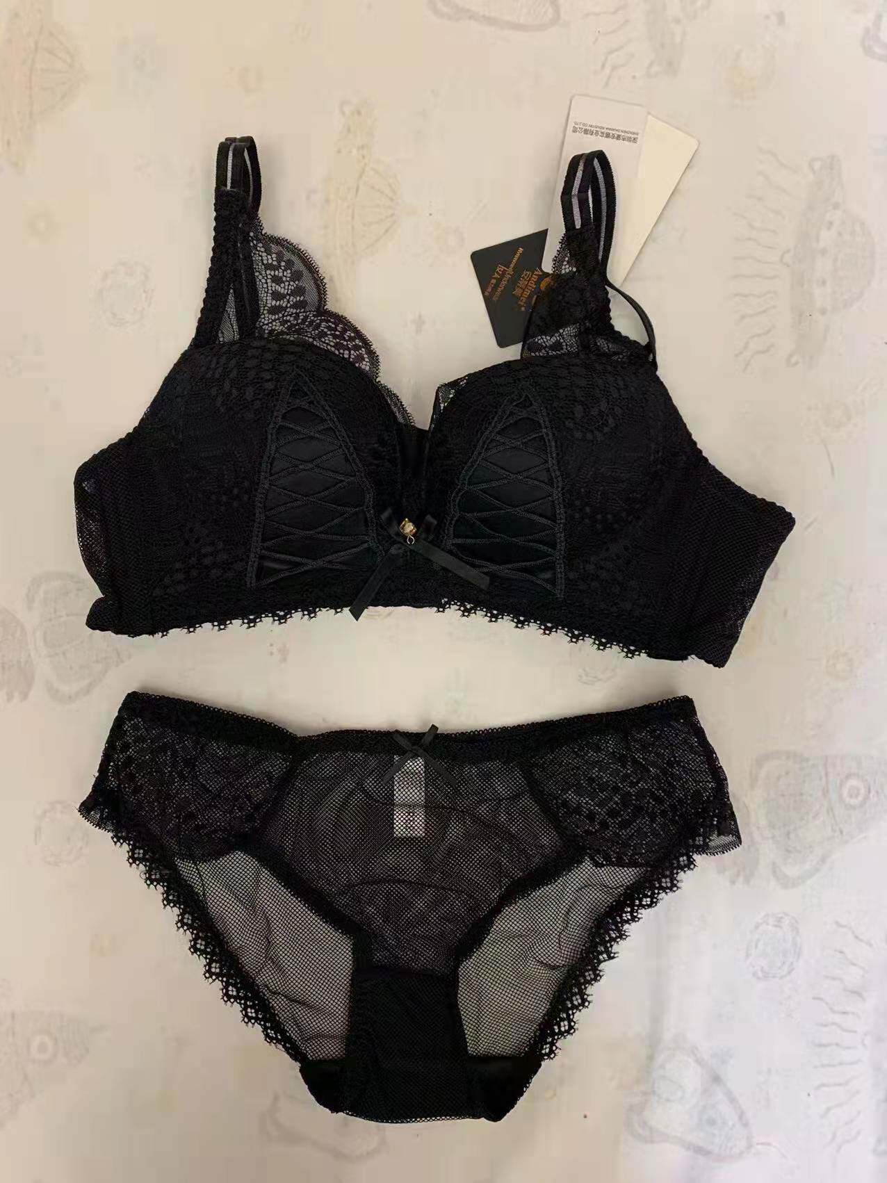 安蒂美内衣2437黑色套装36/80b码薄杯性感蕾丝边无钢圈文胸内裤