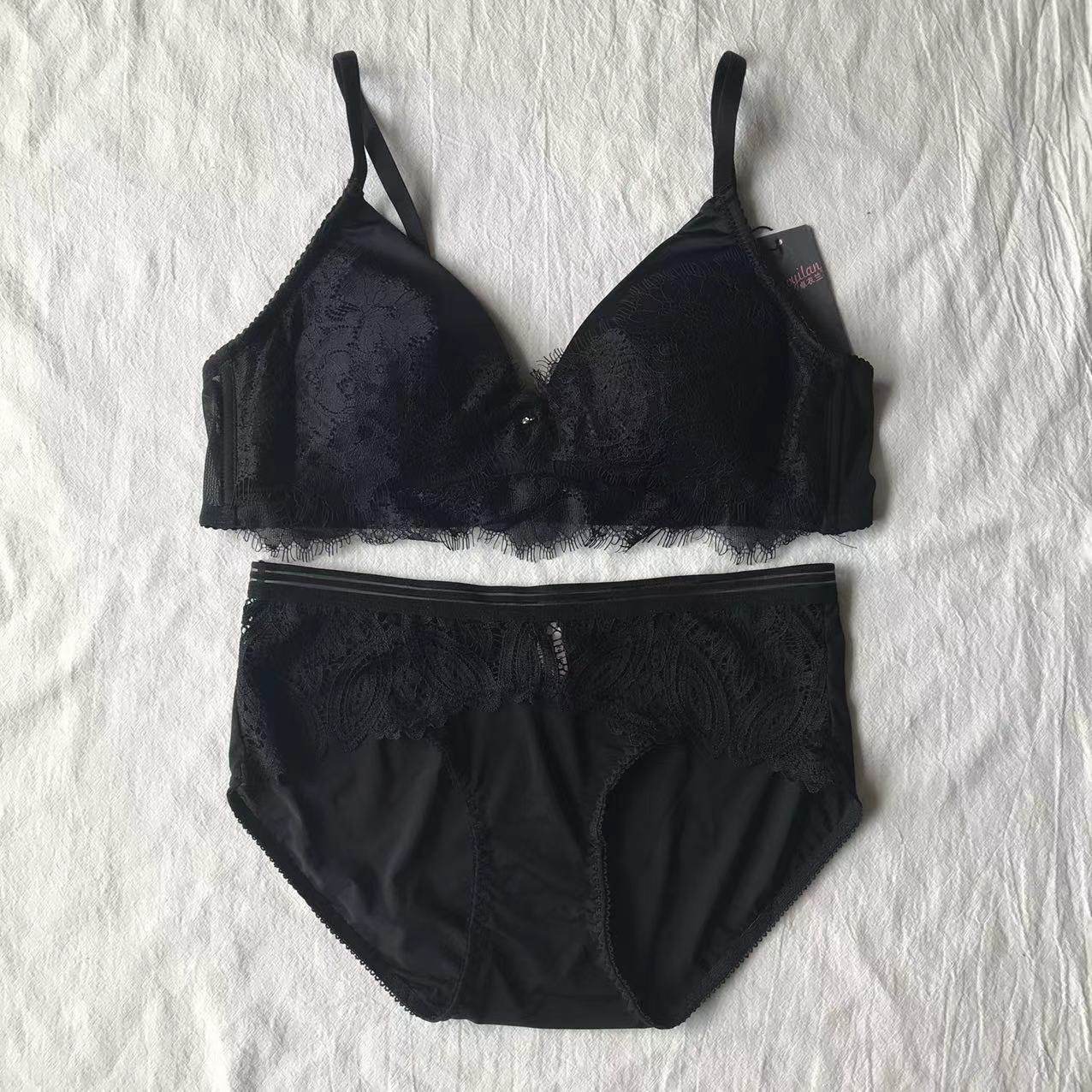 80a85a卓衣兰6035黑法式套装少女蕾丝薄杯文胸无钢圈胸罩三角内裤