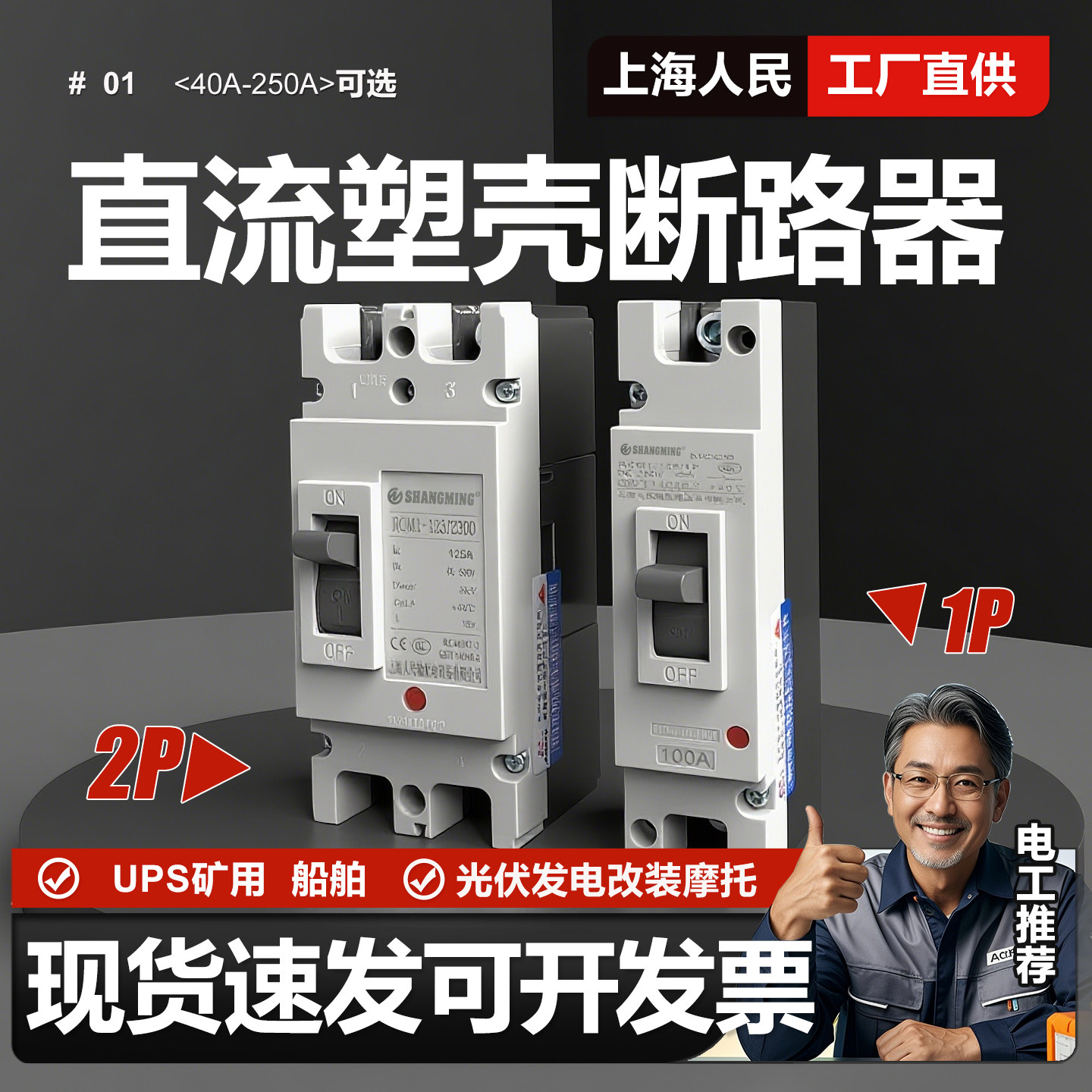上海人民直流塑壳断路器1P 2P 63A 200A 250A光伏专用空开DC500V