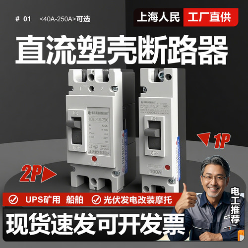 上海人民直流塑壳断路器1P 2P 63A 200A 250A光伏专用空开DC500V