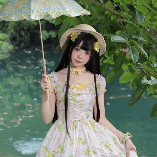 【海蓝桃】盛夏柠檬mini袖中长款纯棉印花连衣裙Lolita夏季少女