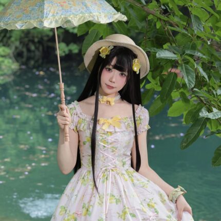 【海蓝桃】盛夏柠檬mini袖中长款纯棉印花连衣裙Lolita夏季少女