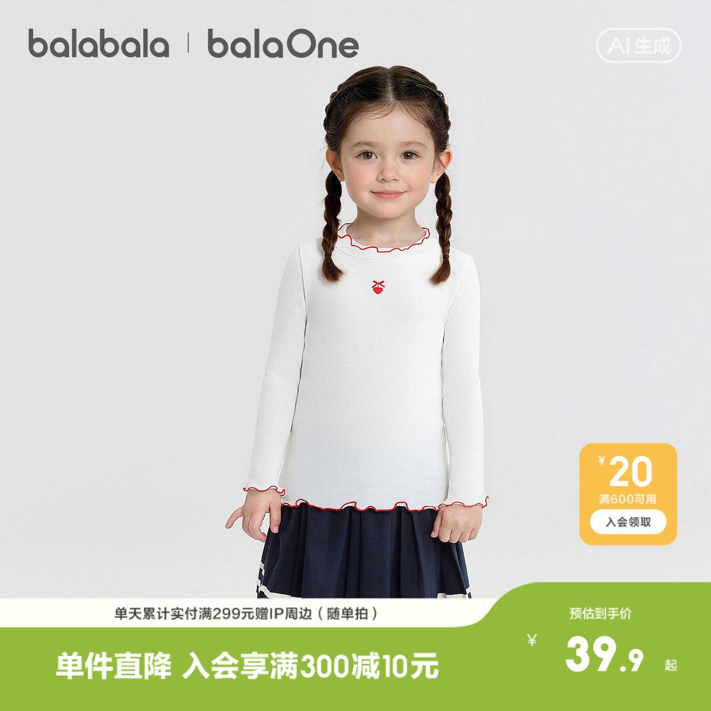 【balaOne】巴拉巴拉儿童打底衫女童2026年新款春季长袖抗菌甜美