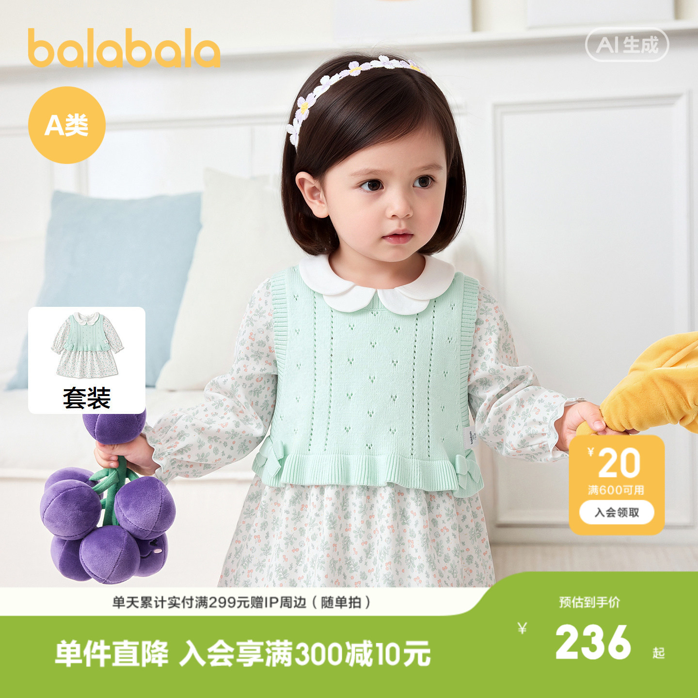 【商场同款 】巴拉巴拉宝宝套装女童长袖连衣裙两件套2026秋文艺