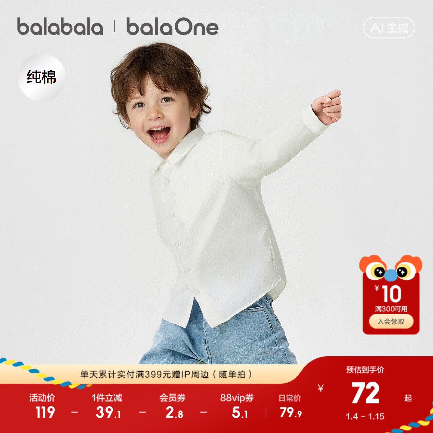 巴拉巴拉童装男童长袖衬衫宝宝2026新款春装纯棉亲肤纯色衬衣时尚