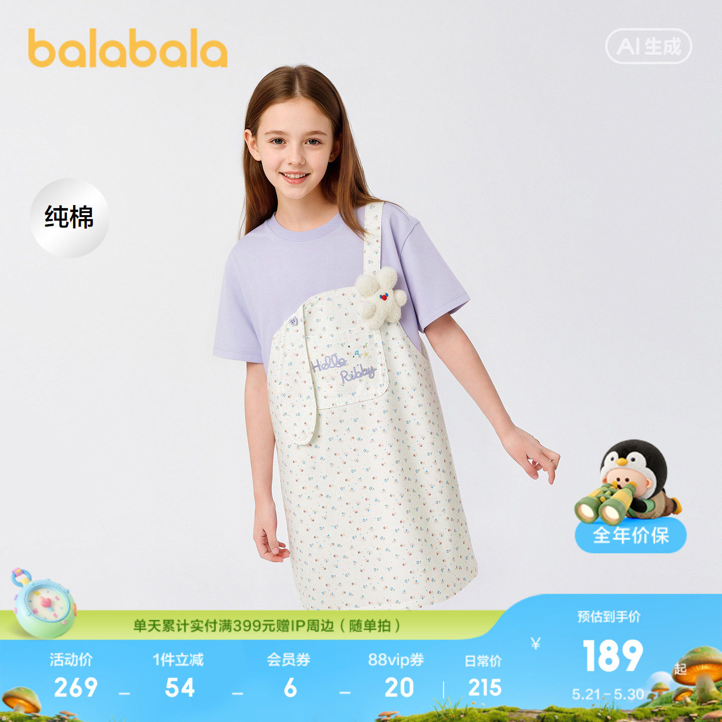 【商场同款】巴拉巴拉儿童裙子女童2026新款夏装牛仔假两件背带裙