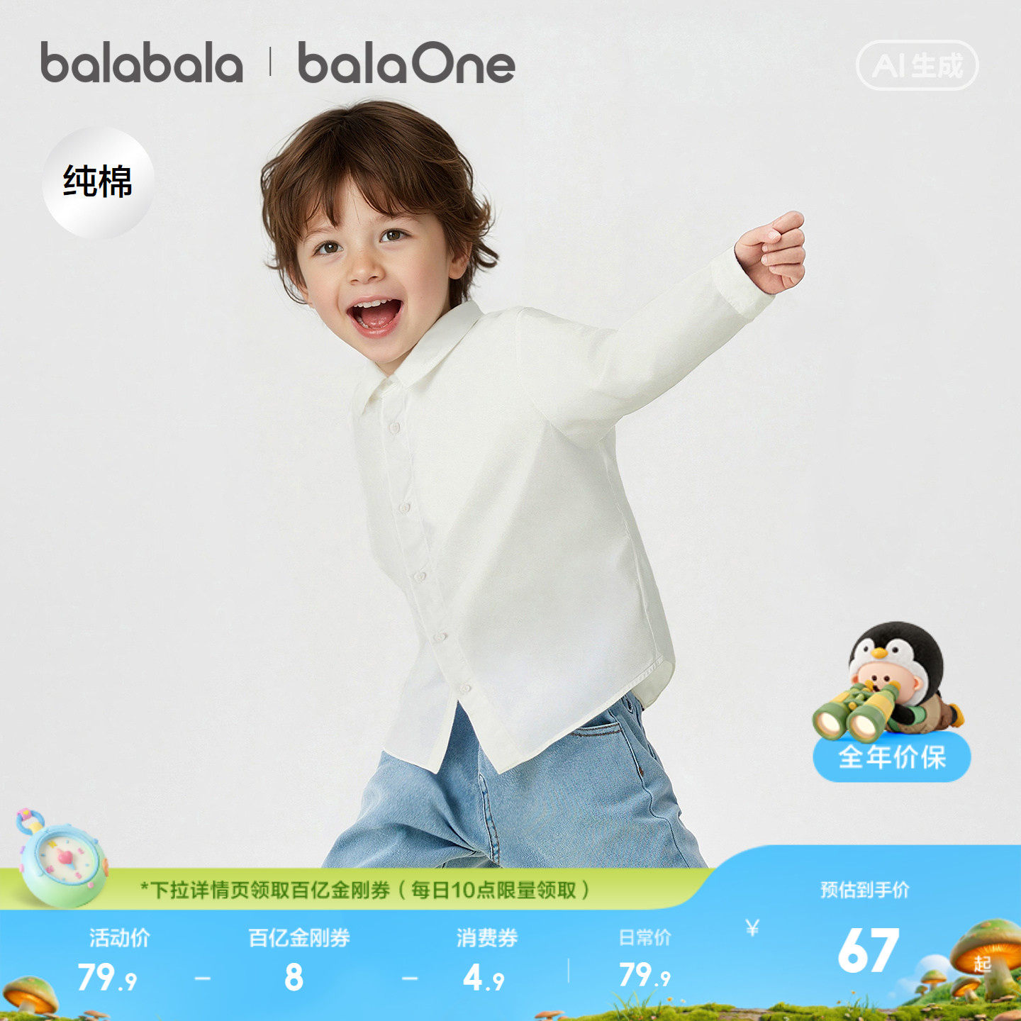 巴拉巴拉童装男童长袖衬衫宝宝2026新款春装纯棉亲肤纯色衬衣时尚