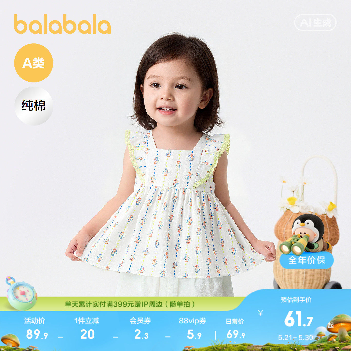 巴拉巴拉童装婴儿衬衫宝宝上衣薄款女童无袖衬衫甜美可爱时尚百搭