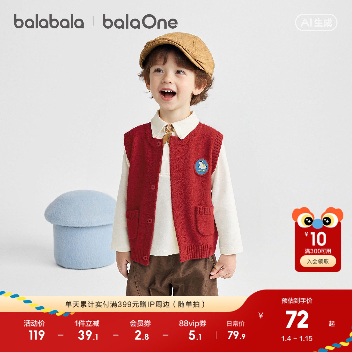 【balaOne】巴拉巴拉童装儿童马甲男女童2025新款春秋半边绒内搭