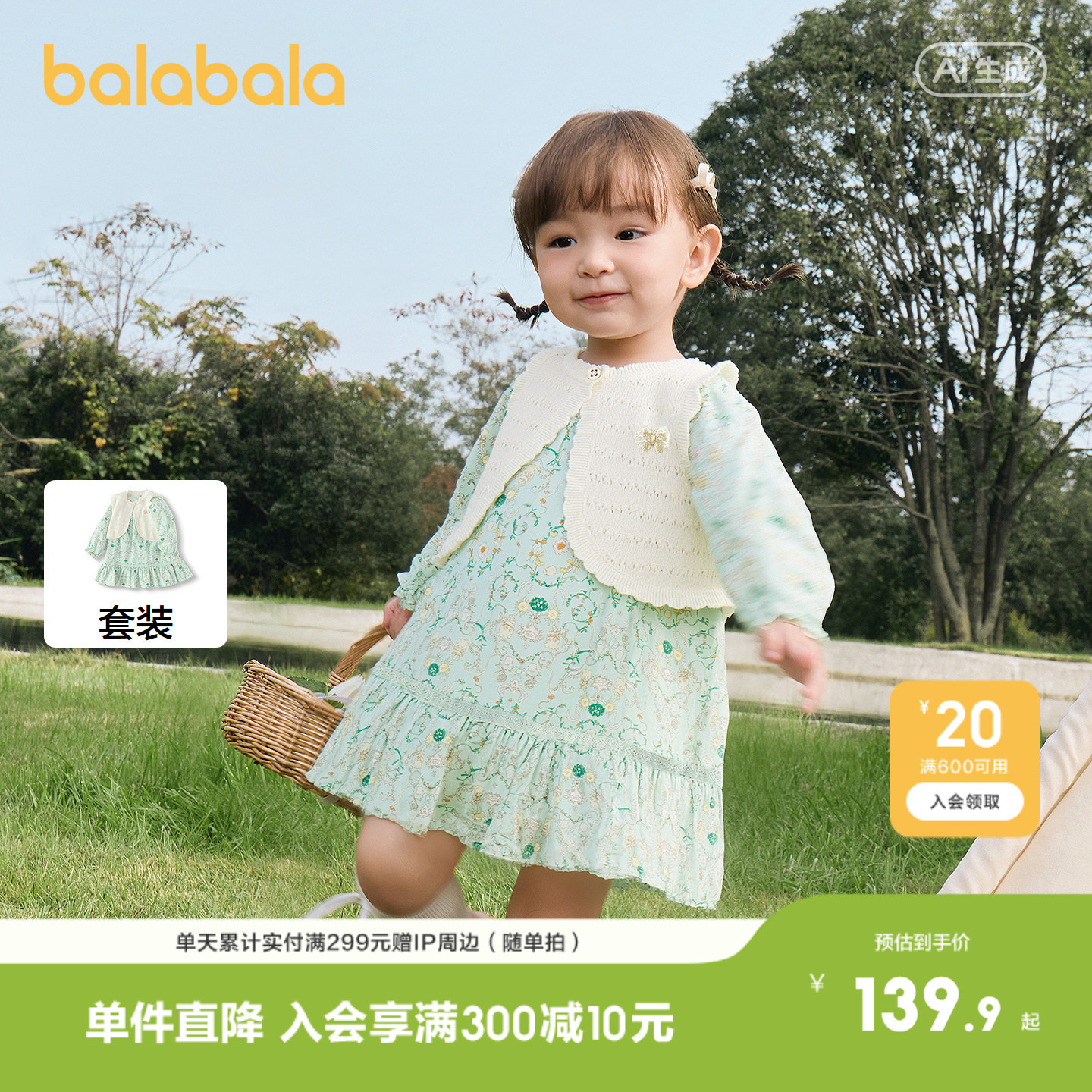 巴拉巴拉宝宝连衣裙子套装女童两件套2026新款春装甜童装儿童甜美
