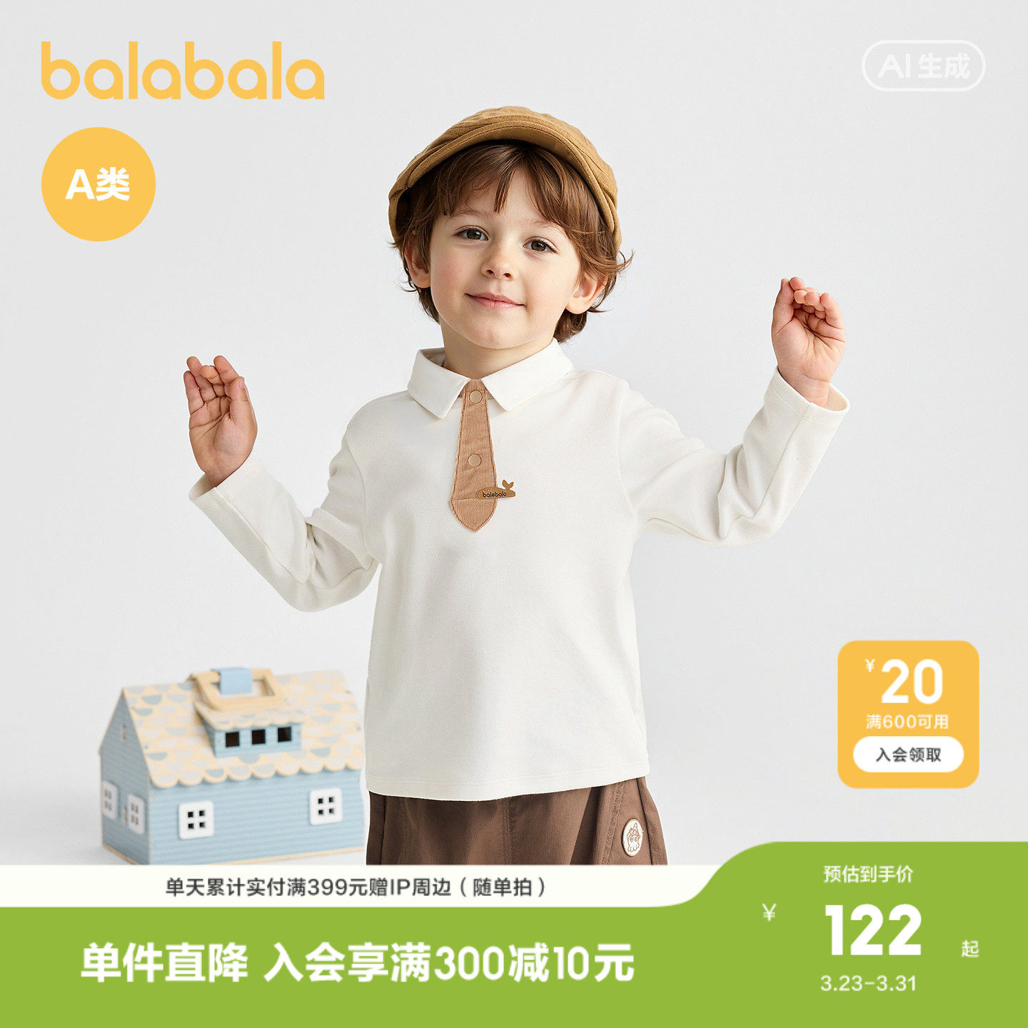 【商场同款】巴拉巴拉童装儿童长袖T恤男童2026新春装领带半开襟